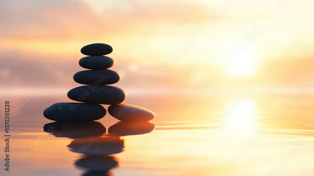 Zen stone stack on a beach during sunset with warm colors, symbolizing tranquility, balance, and relaxation. Ideal for wellness and mindfulness concepts. Zen stone stack on a beach during sunset with warm colors, symbolizing tranquility, balance, and relaxation. Ideal for wellness and mindfulness concepts.