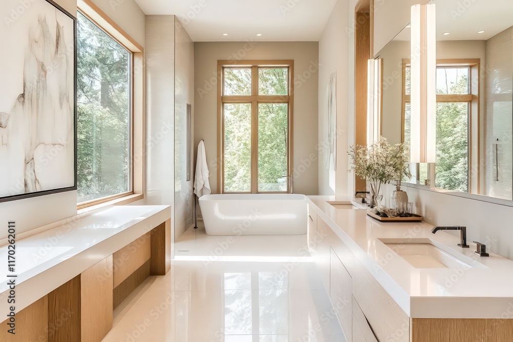 A contemporary bathroom featuring streamlined fixtures, neutral tones, and minimalistic decor. Utilize clean lines, large windows for natural light, A contemporary bathroom featuring streamlined fixtures, neutral tones, and minimalistic decor. Utilize clean lines, large windows for natural light,