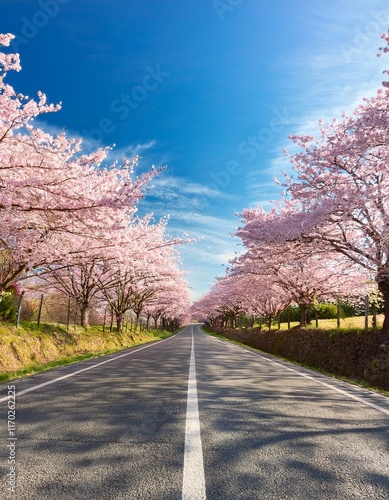 Wallpaper Mural 青空の下、満開の桜が並ぶ道 Torontodigital.ca