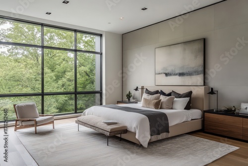 A contemporary bedroom featuring streamlined furniture pieces, neutral tones, and minimalistic decor. Utilize clean lines, large windows 