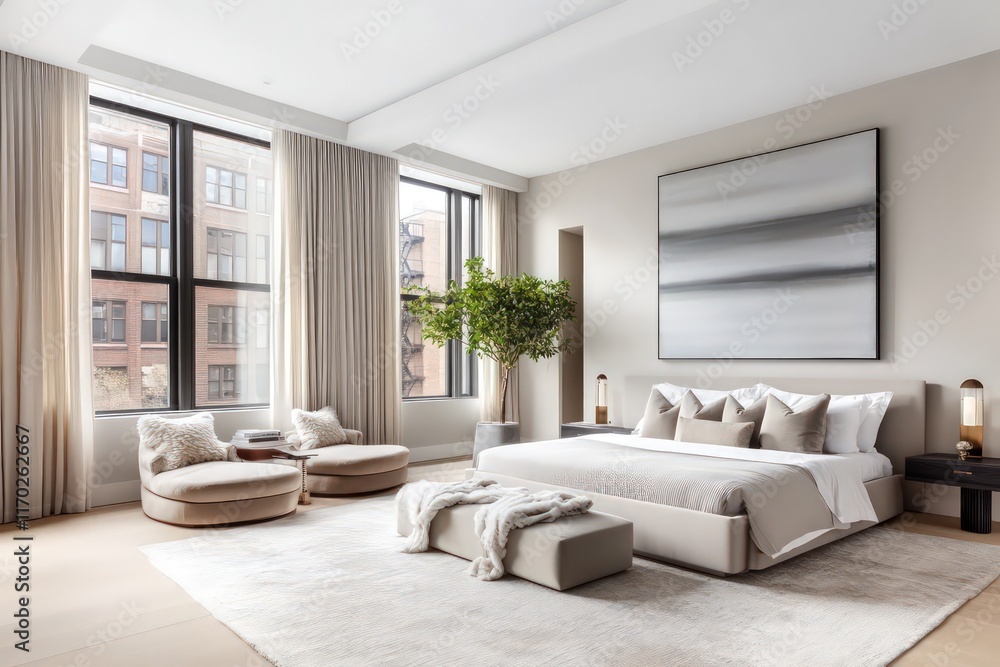 Fototapeta premium A contemporary bedroom featuring streamlined furniture pieces, neutral tones, and minimalistic decor. Utilize clean lines, large windows 