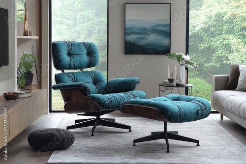 Turquoise velvet swivel chair and ottoman set with aqua blue fabric, black legs, placed on a grey rug in a living room. photo