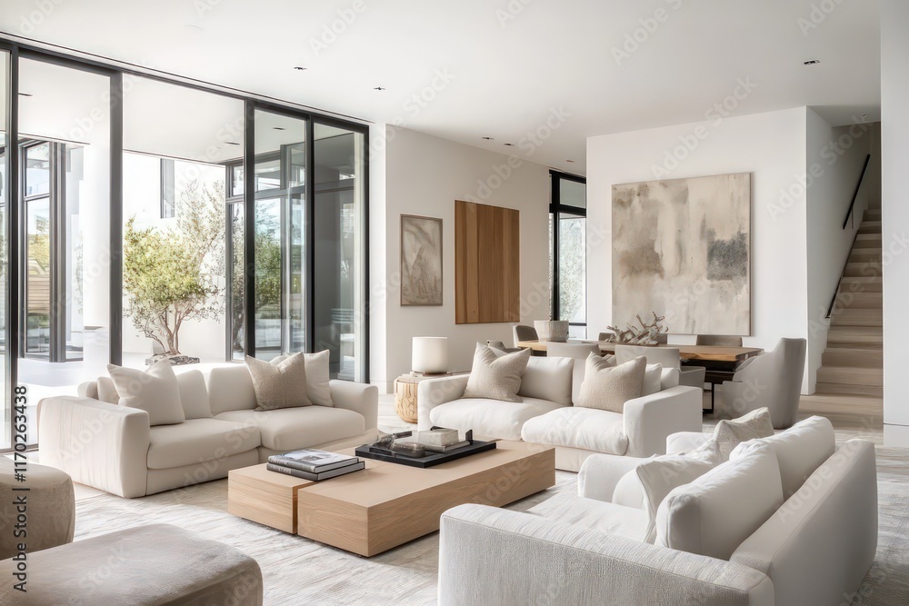 Fototapeta premium A contemporary living room featuring streamlined furniture pieces, neutral tones, and minimalistic decor. Utilize clean lines, large windows for natural light, and integrated storage solutions. 