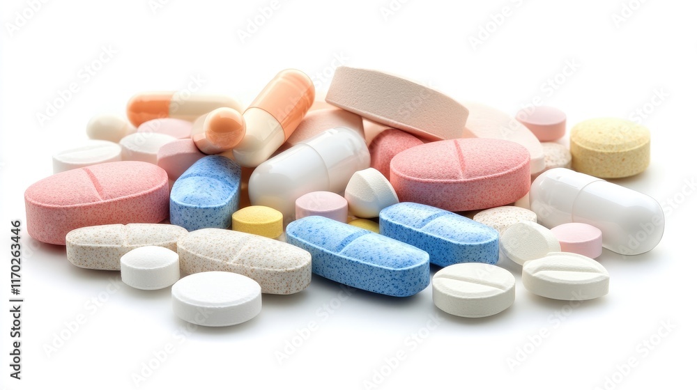 Various tablets falling into a pile on white background, medical theme Various tablets falling into a pile on white background, medical theme
