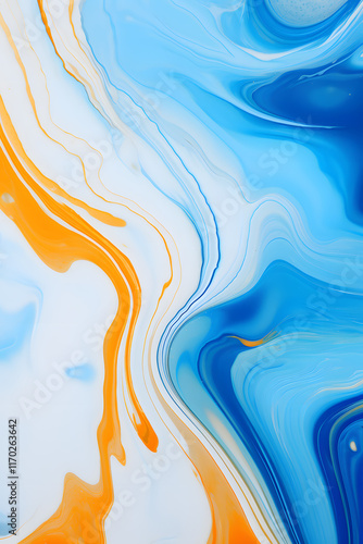 Abstract art with orange liquid flowing diagonally on blue and white background with light blue and yellow swirls
