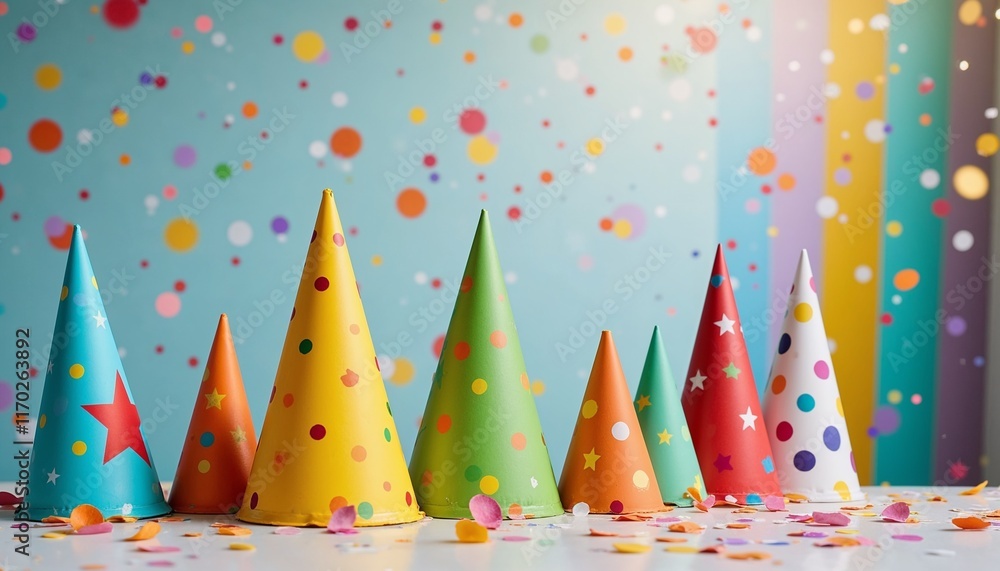 Obraz premium Photorealistic colorful party hats in vibrant patterns with confetti, playful and festive mood