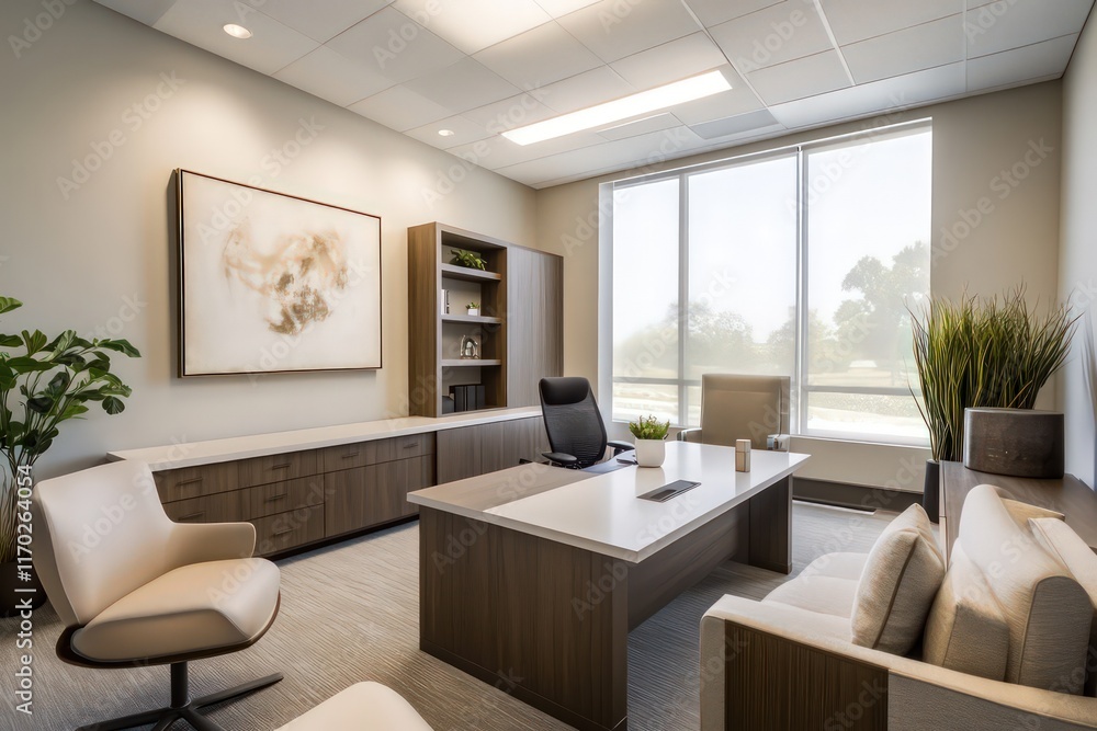 Fototapeta premium A contemporary office featuring streamlined furniture pieces, neutral tones, and minimalistic decor.