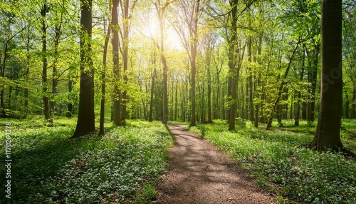 緑の若葉が生い茂る林の中、小径に木漏れ日が差し込む、穏やかな春の風景 photo