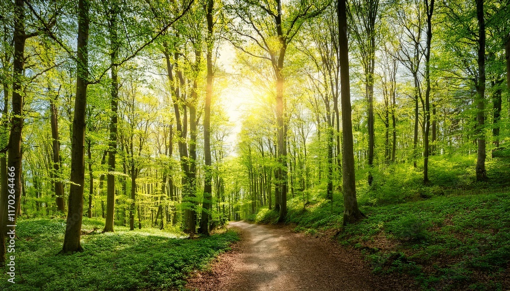 Obraz premium 緑の若葉が生い茂る林の中、小径に木漏れ日が差し込む、穏やかな春の風景