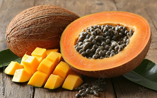 Tropical fruits papaya, mango, coconut. photo