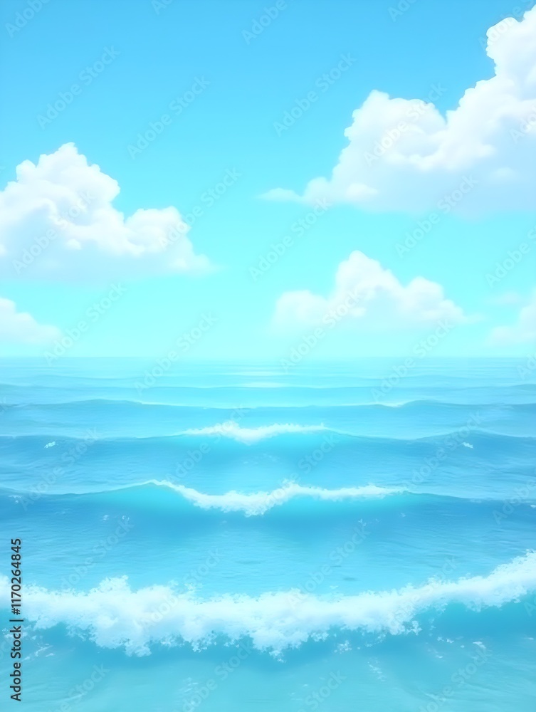 Graphics Image Blue ocean, clear sky, dotted with fluffy white clouds. waves against the shore create a soothing ambiance Graphics Image Blue ocean, clear sky, dotted with fluffy white clouds. waves against the shore create a soothing ambiance