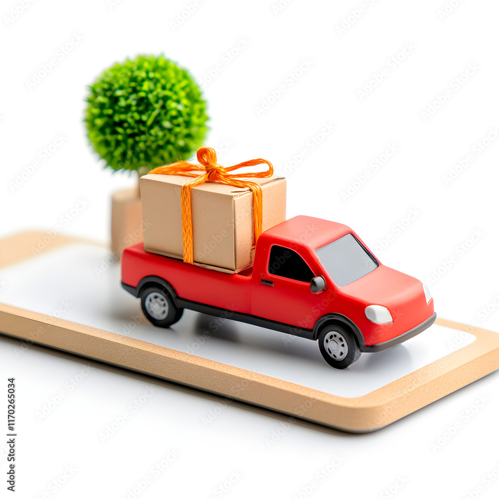 logistics online trading automation concept. A red delivery truck carrying a package on a smartphone with a decorative plant. logistics online trading automation concept. A red delivery truck carrying a package on a smartphone with a decorative plant.