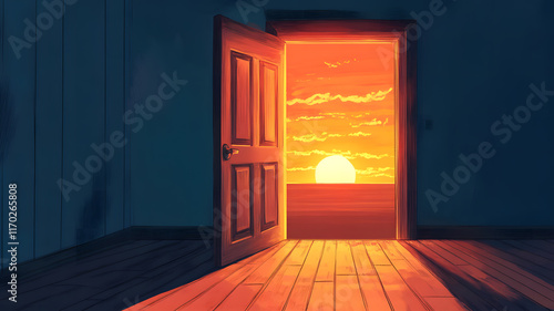 Wallpaper Mural A cartoon drawing of an open door with the sun setting behind it, set against a wooden floor and sky background. The design is simple yet striking, capturing both sunset and sunrise in one frame. Th Torontodigital.ca