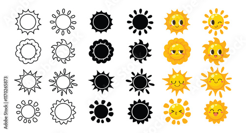 Illustration of variety sun designs, simple line art, solid silhouettes, and cheerful cartoon style suns with expressive faces. ideal for icons, labels, or digital decoration.