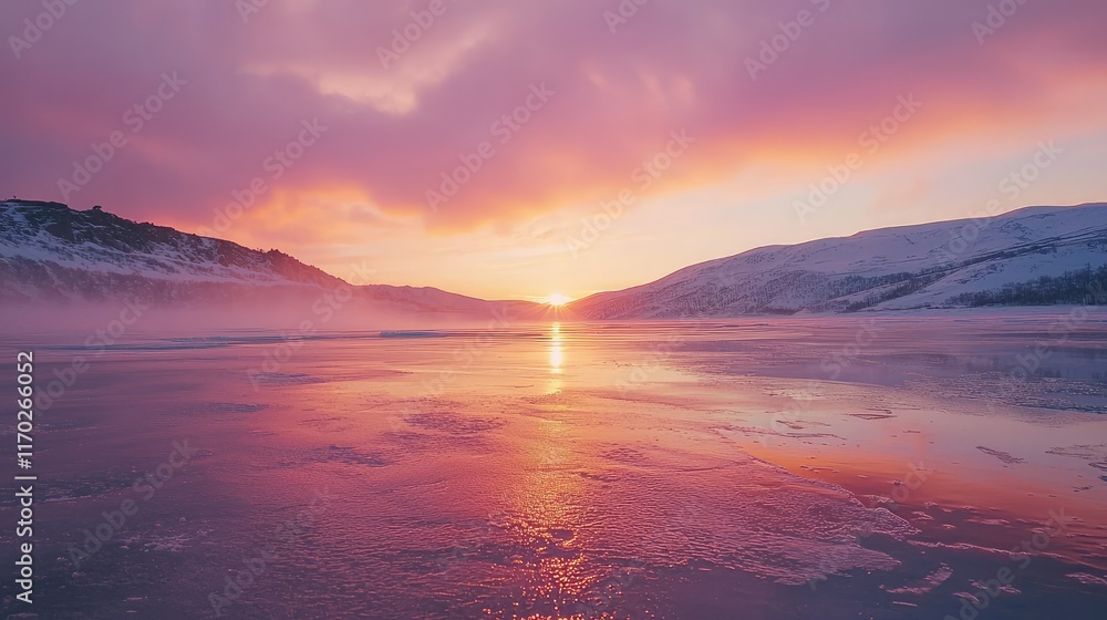 Serene Winter Sunset Over Frozen Lake with Colorful Sky Serene Winter Sunset Over Frozen Lake with Colorful Sky