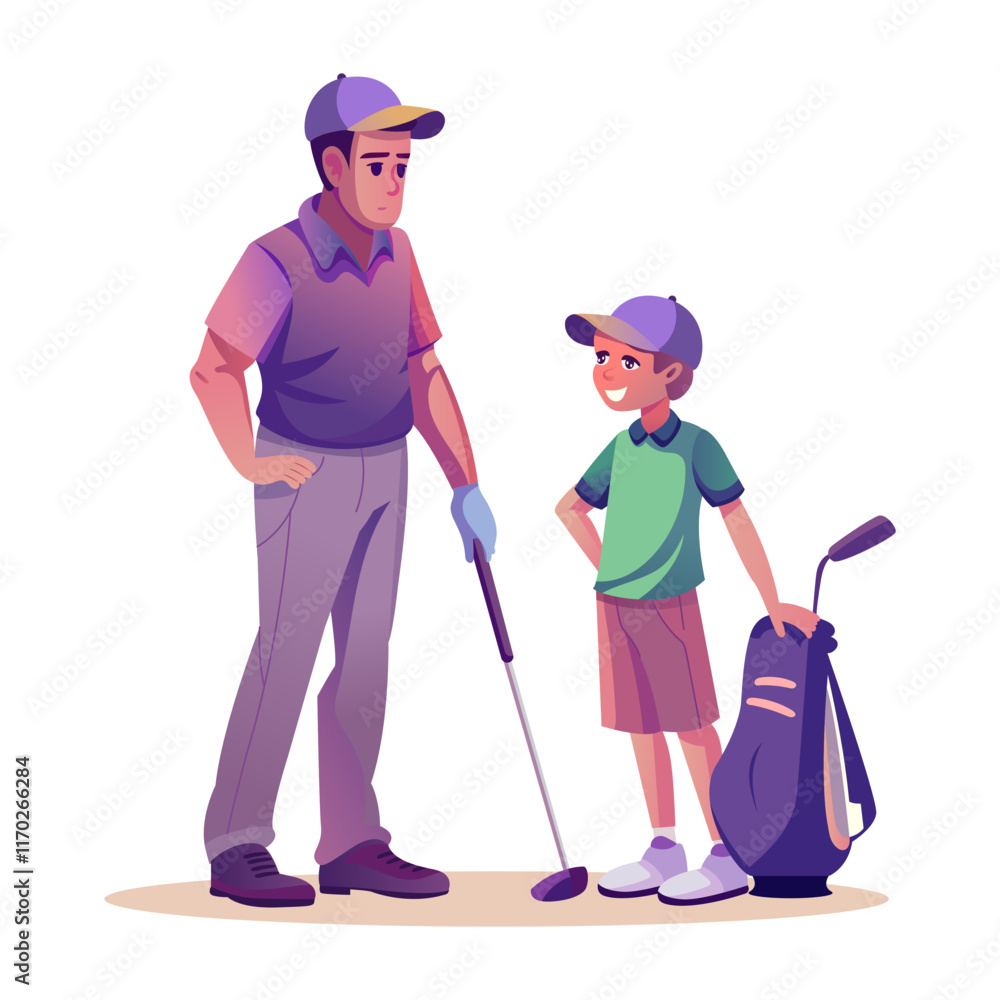Dad golfing with son, flat style illustration
Dad golfing with son, flat style illustration