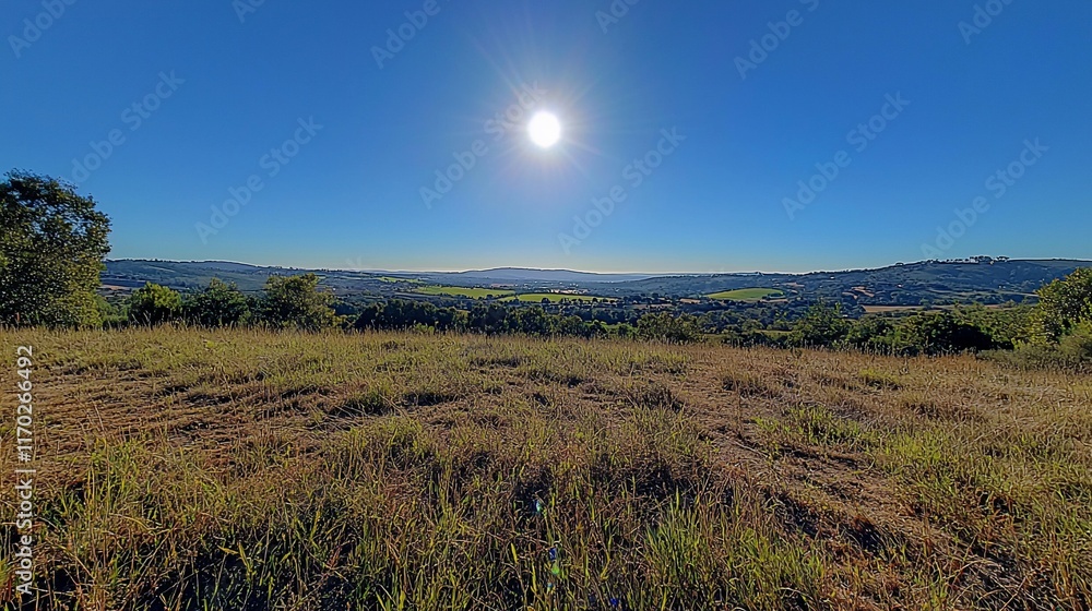 Sunny panoramic view of a vast landscape from a hilltop. Sunny panoramic view of a vast landscape from a hilltop.