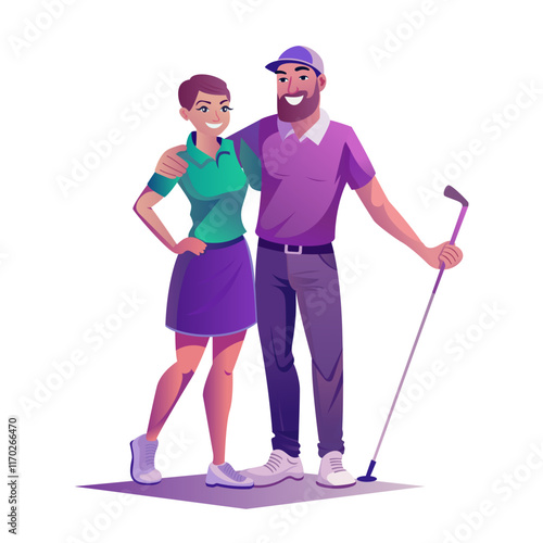 A flat style illustration of a golfing couple 

