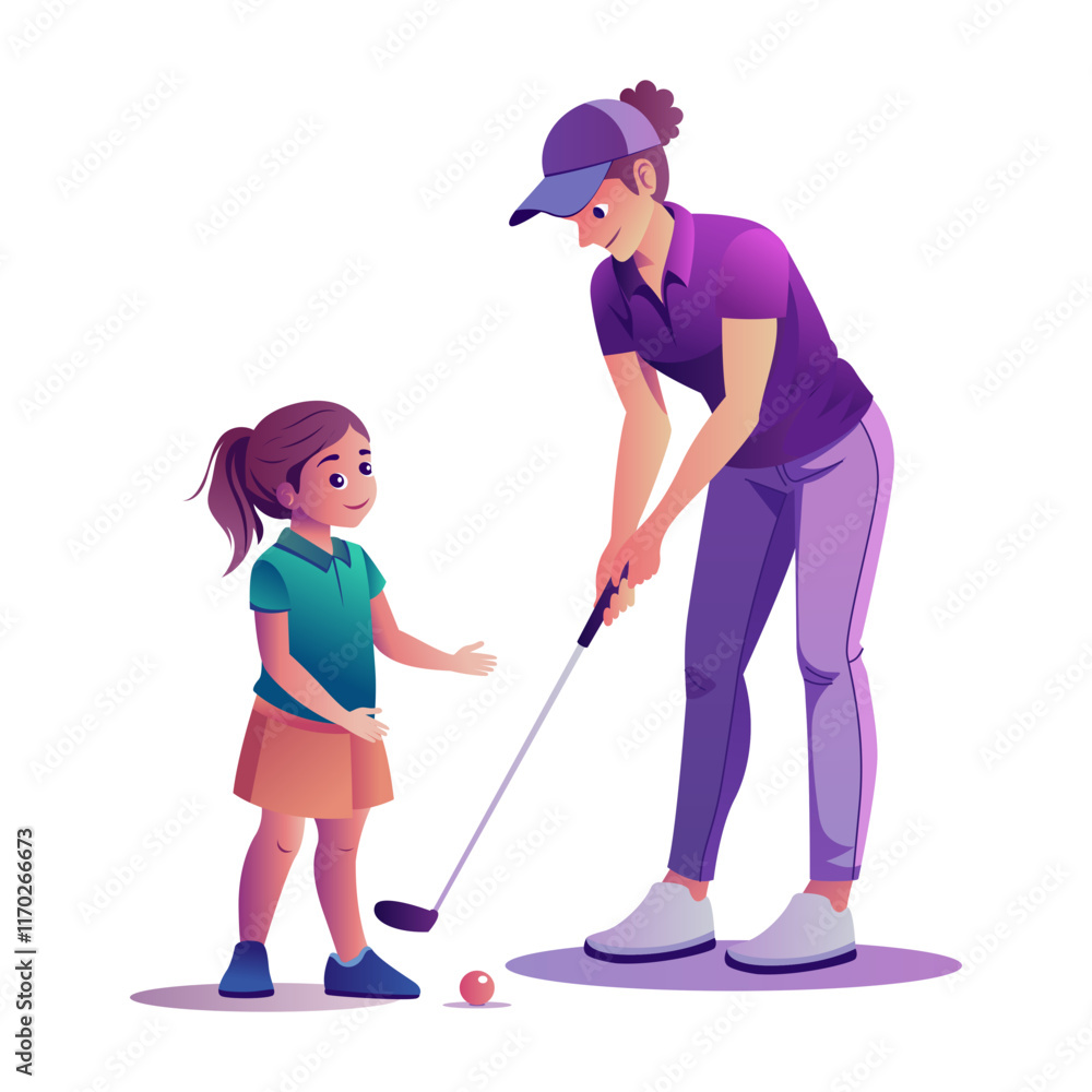 Golf mentor guiding kid, flat style illustration
Golf mentor guiding kid, flat style illustration