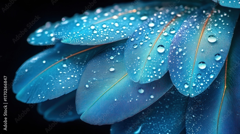 Obraz premium Close-up of dew-covered teal feathers.