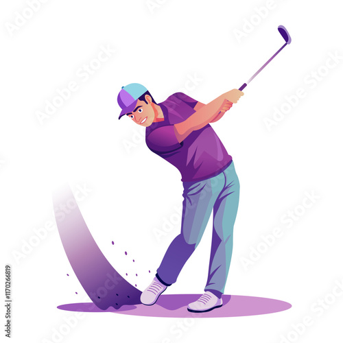 Professional golfer hitting bunker shot, flat illustration
