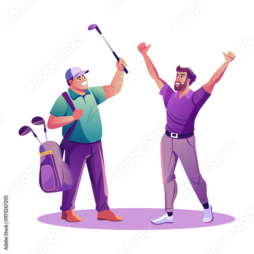 A flat illustration depicting happy golfing men

