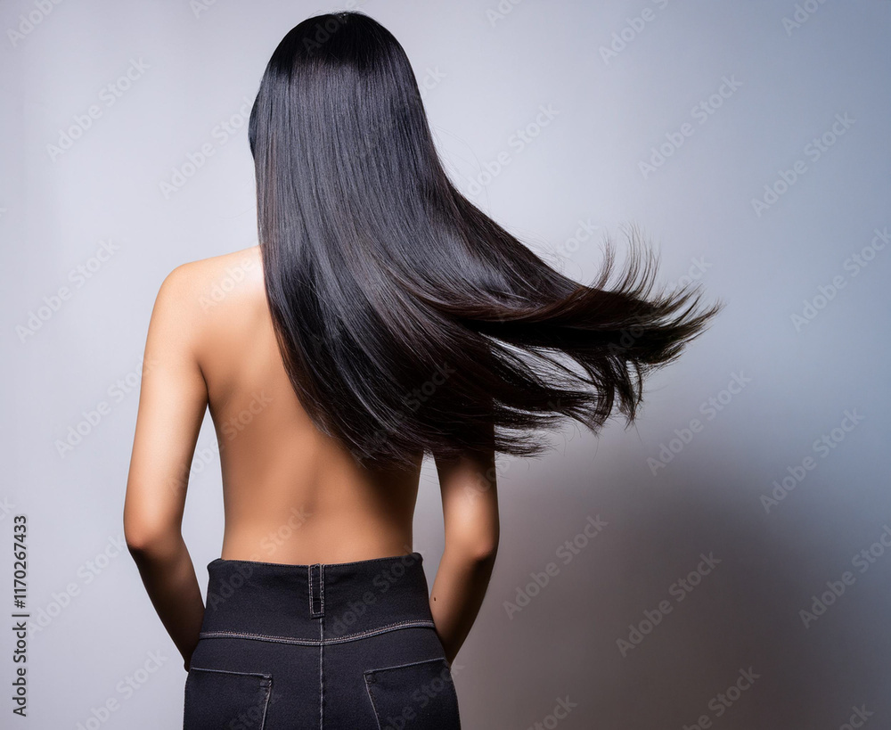 アジア人女性の美しい黒髪。（Beautiful black hair of an Asian woman.）
