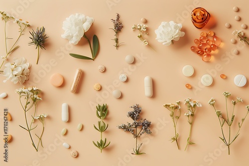 Wallpaper Mural Herbs, seeds and capsules on orange background. Flat lay, top view Torontodigital.ca