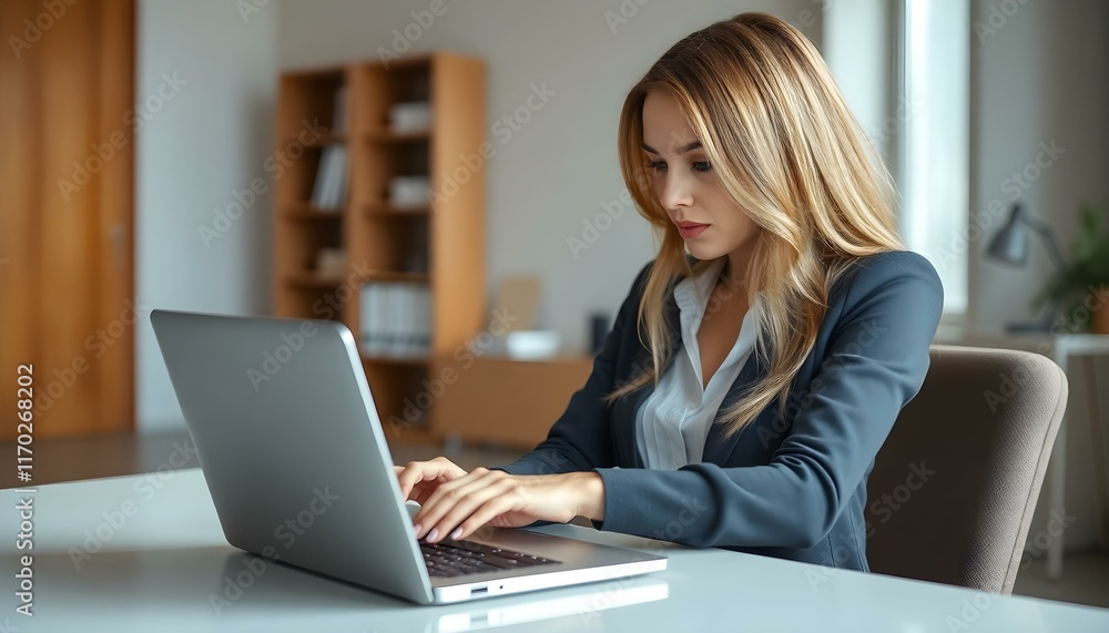 Professional Woman Working on Laptop in Modern Office Professional Woman Working on Laptop in Modern Office