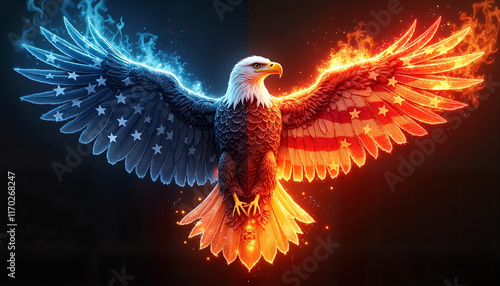 Fiery abstract eagle with contrasting blue and red USA flag design elements