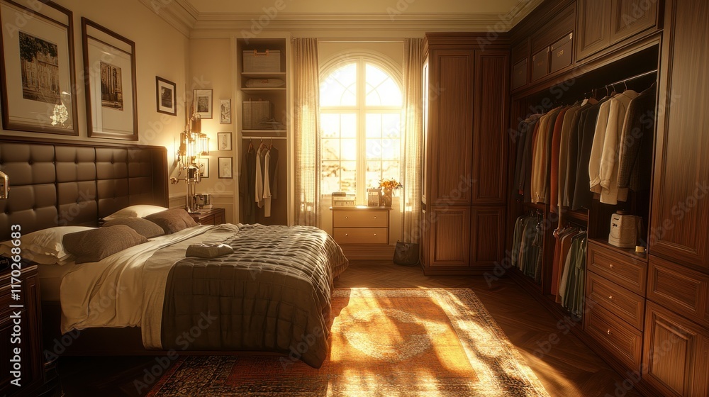 Fototapeta premium Cozy bedroom with warm lighting and organized closet.