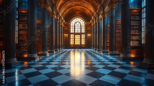 Grand Library Hall Sunlight Illuminates Ancient Columns and Books