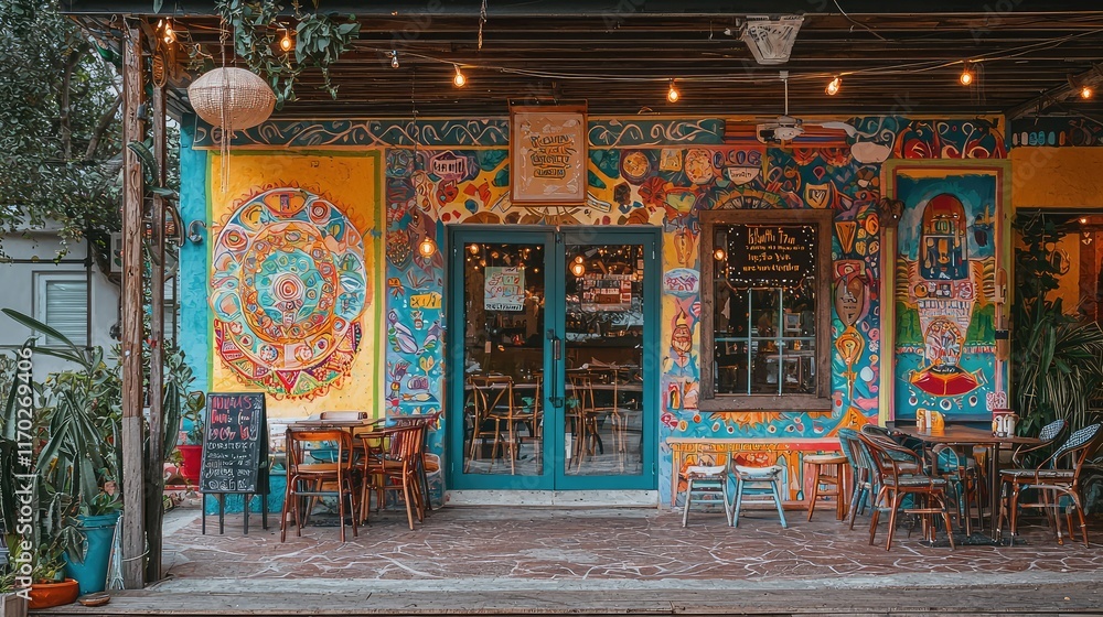 Fototapeta premium Colorful Cafe Exterior with Artistic Murals and Cozy Atmosphere