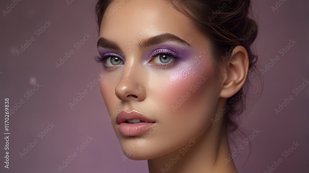Fototapeta premium Female model with ethereal makeup, glowing skin, lavender eyeshadow, and soft pink lips, framed by a pastel backdrop and mystical lighting