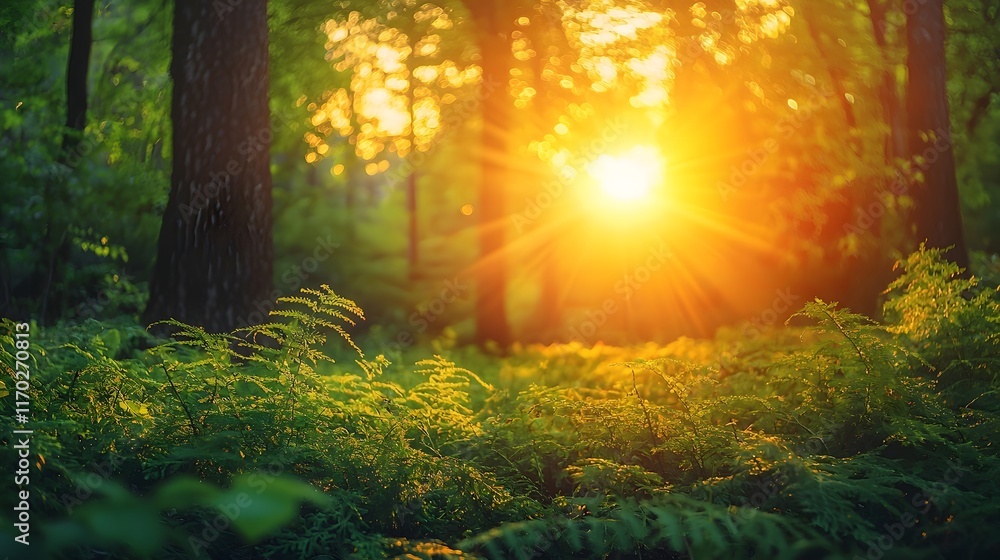 Obraz premium Glowing Sunrise Over Lush Green Forest Radiating Vitality and Natural Energy