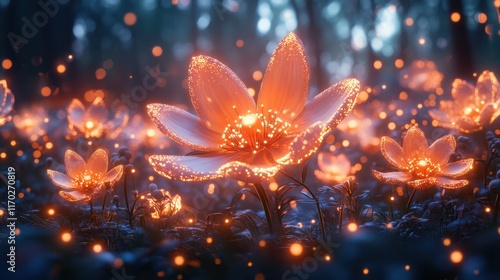 Glowing flowers in dark forest at night.