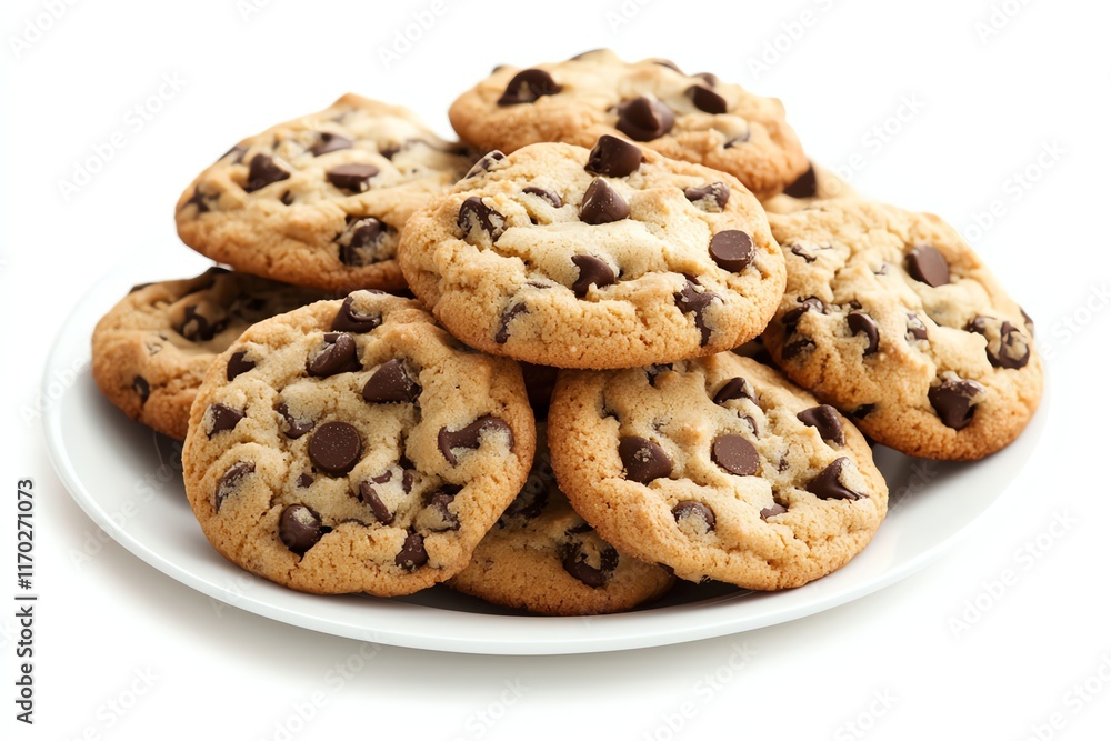 Chocolate chip cookies stacked artfully on pure white minimalist plate, dramatic side lighting, crisp details Chocolate chip cookies stacked artfully on pure white minimalist plate, dramatic side lighting, crisp details