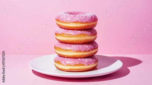 Mini donuts stacked in alternating patterns on classic white plate, glazed surface catching light, professional food photography