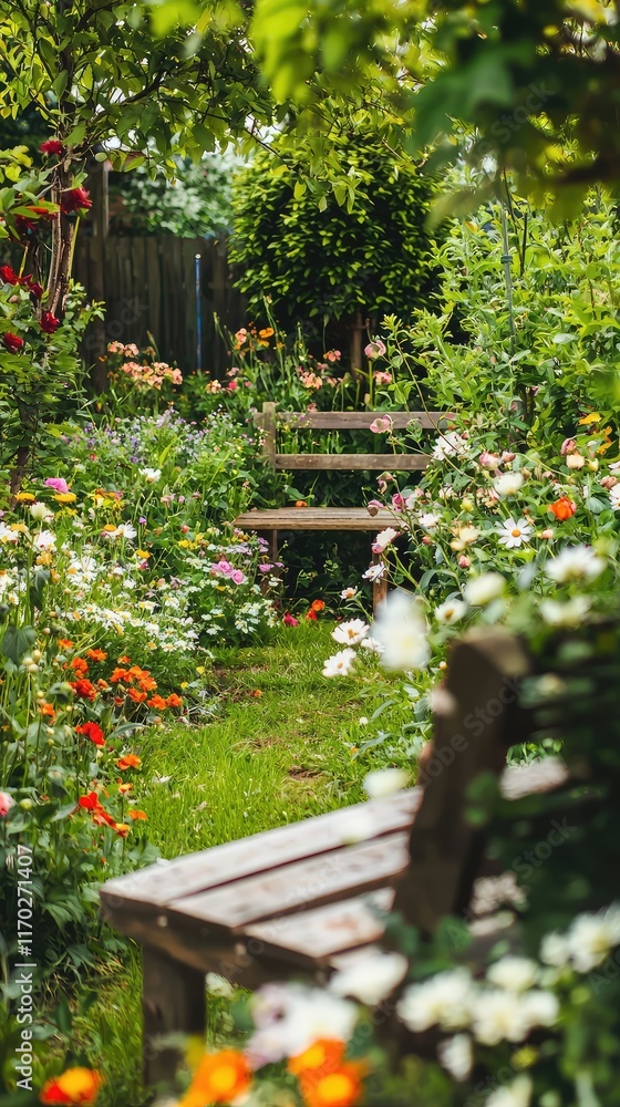 Serene Garden Pathway with Colorful Flowers and Wooden Benches Serene Garden Pathway with Colorful Flowers and Wooden Benches