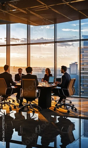 A business meeting in a modern office with a sunset view through large windows.