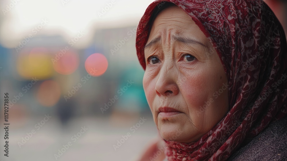 Close-up portrait of a pensive elderly woman wearing a red headscarf, outdoors in a blurred city background. Close-up portrait of a pensive elderly woman wearing a red headscarf, outdoors in a blurred city background.