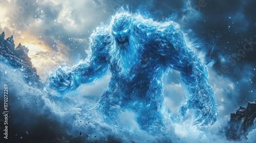 Fiery ice giant monster emerges from snowy mountain range under dramatic sky.