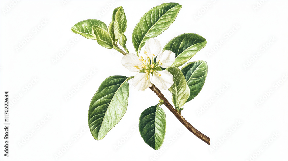 Fototapeta premium Delicate White Blossom Branch With Lush Green Leaves