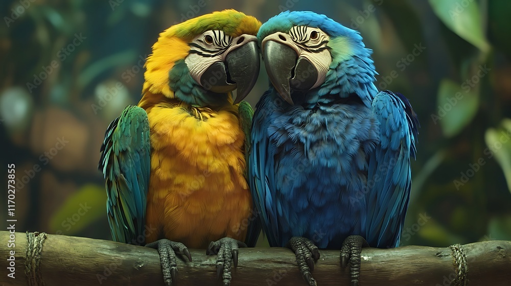 Obraz premium Two macaws, one blue and one yellow, nuzzle heads together on a branch.