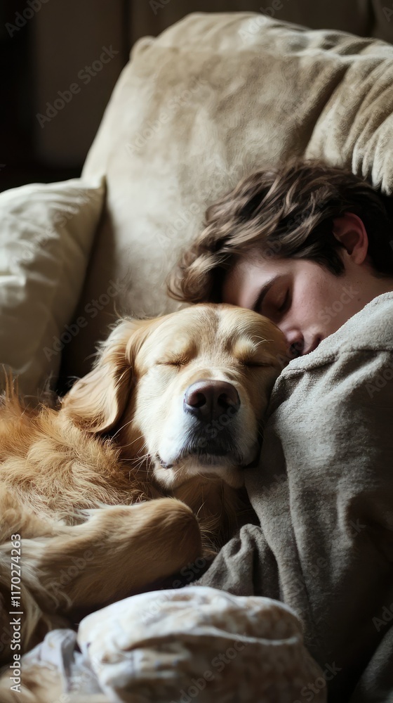 Obraz premium Young Person Relaxing with a Golden Retriever in a Cozy Setting