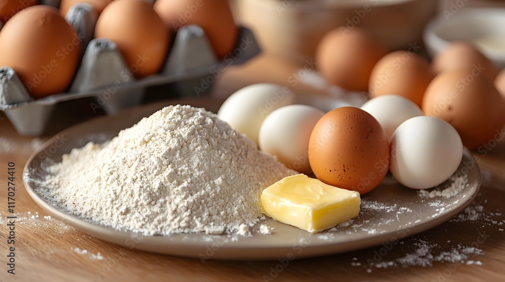 Eggs,Flour,and Baking Ingredients on Plate with Selective Focus Eggs,Flour,and Baking Ingredients on Plate with Selective Focus