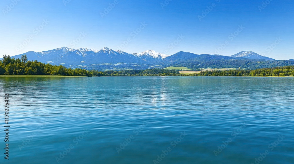 Serene Mountain Lake Landscape: Breathtaking View of Crystal-Clear Water and Majestic Snow-Capped Peaks under a Azure Sky Serene Mountain Lake Landscape: Breathtaking View of Crystal-Clear Water and Majestic Snow-Capped Peaks under a Azure Sky