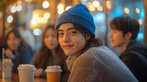 Night Cafe Portrait: Young Man Smiling Amongst Friends