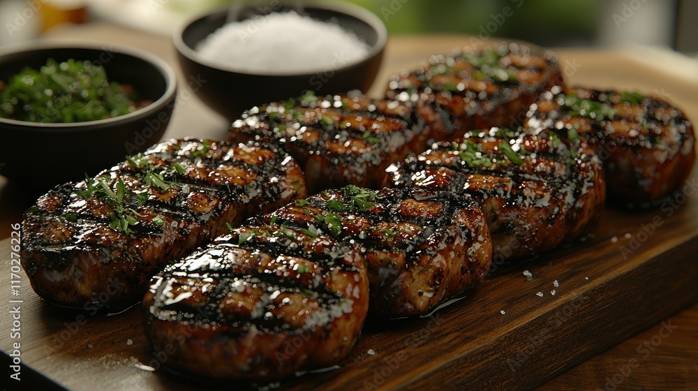 Grilled meat served with herbs and salt on a wooden board. Grilled meat served with herbs and salt on a wooden board.