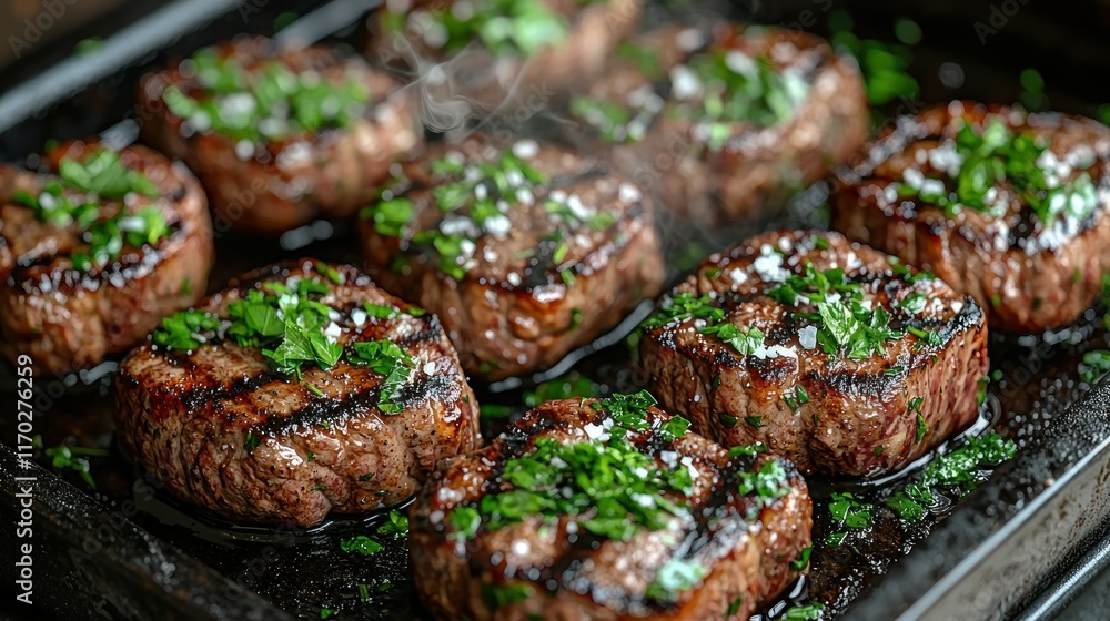 Grilled steaks garnished with herbs on a platter. Grilled steaks garnished with herbs on a platter.